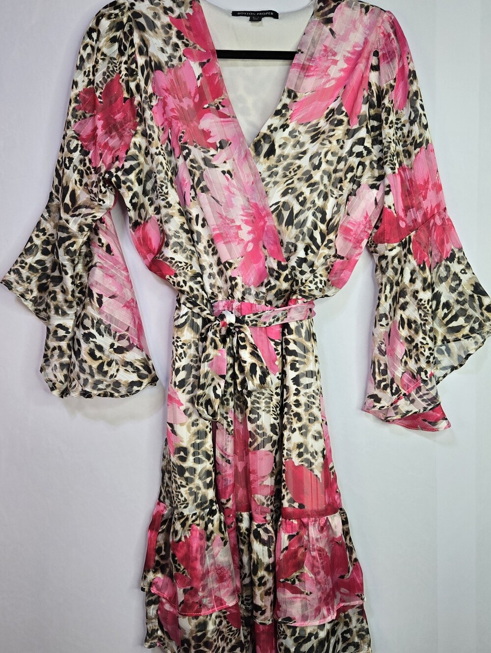 BOSTON PROPER Size S Flirty Wrap Dress, Bold Pink Floral & Animal Print Tie Belt